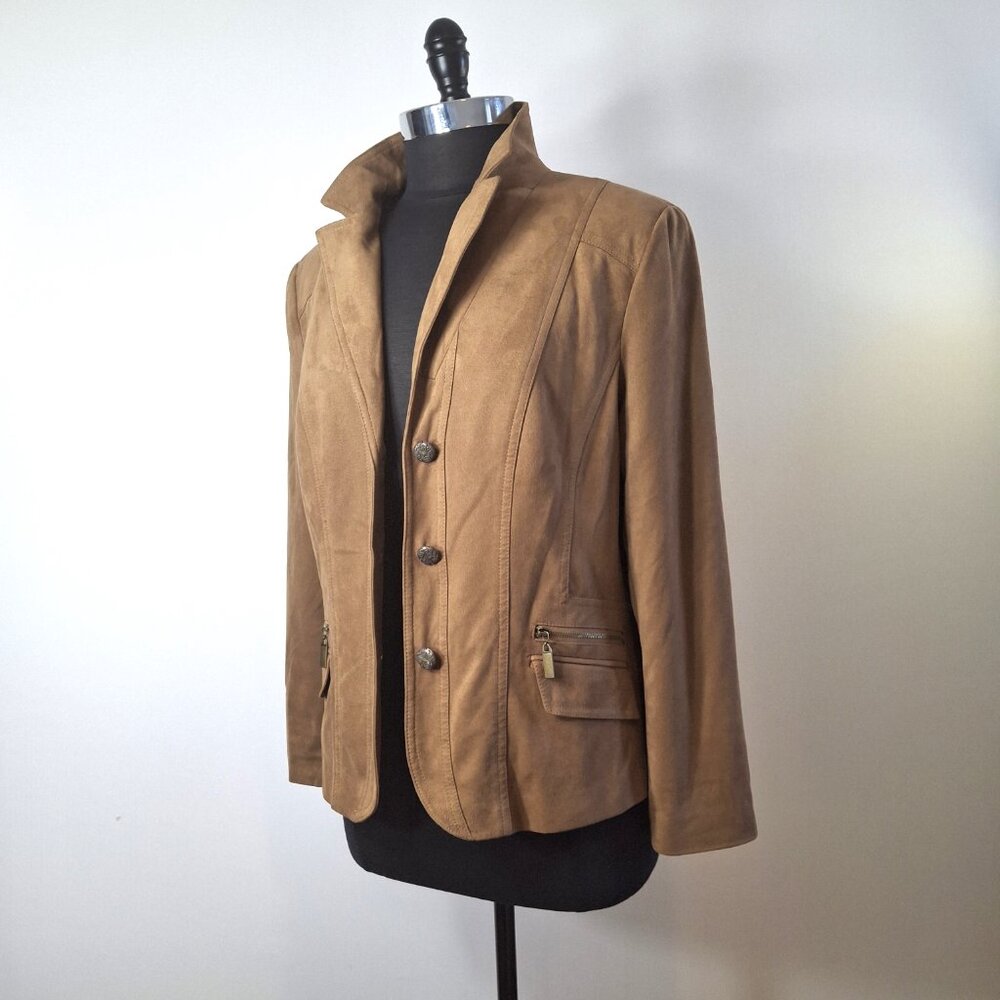 Conrad C Proportion Petite Womens Faux Suede Blazer Jacket Sz 12 Brown Coat Y2K - Picture 6 of 16